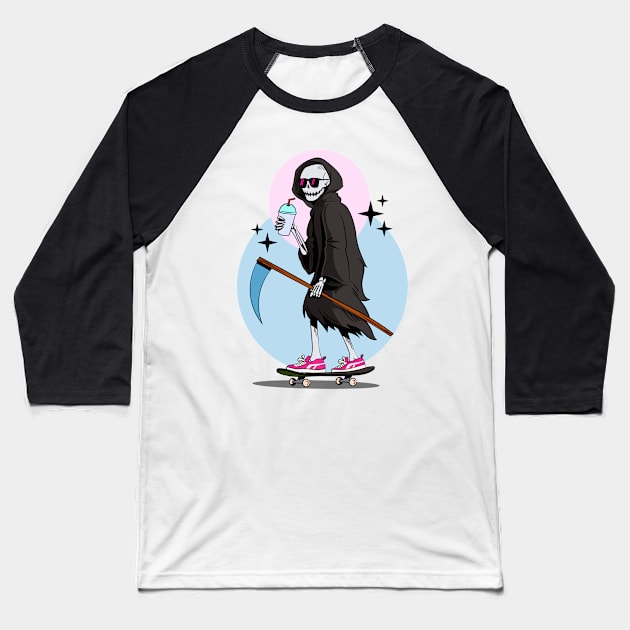 Death Rides On A Skateboard Baseball T-Shirt by KohorArt